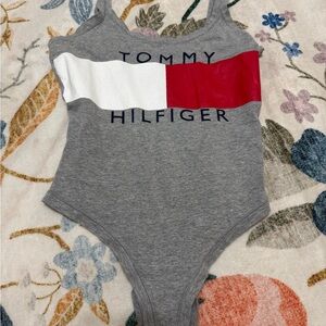 Tommy Hilfiger Gray Tank Bodysuit with Red & White Chest Stripe